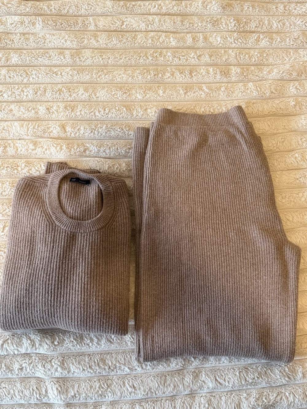 Gap CashSoft Shaker-Stitch Crewneck Sweater + Pants Set - Taupe Beige XL Tall